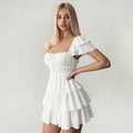 summer new arrival:  cross-border white square neck ruffle backless tie-up slimming sweet style tiered cake dress