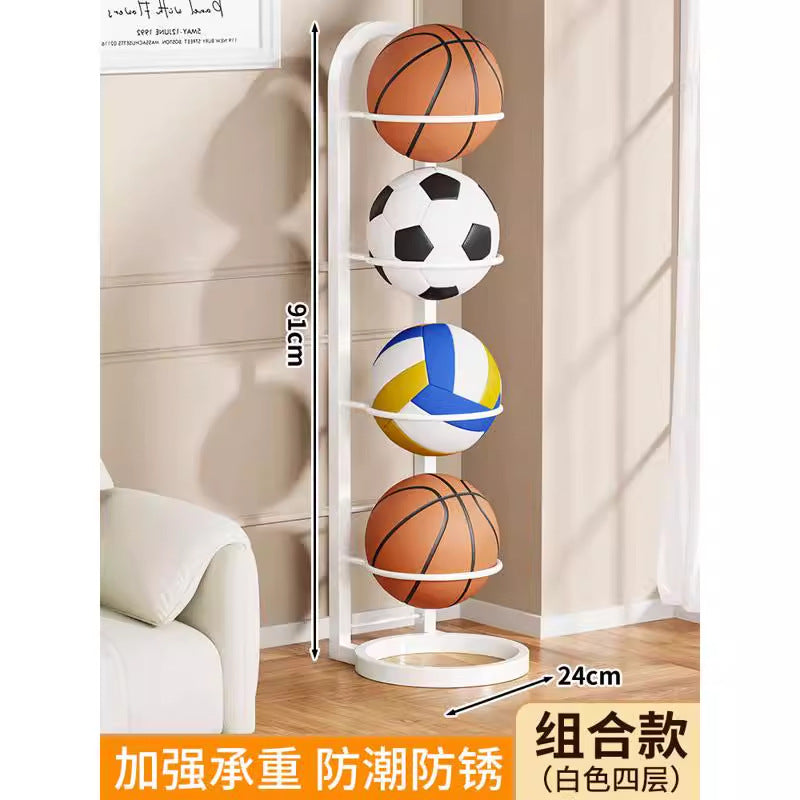 Basketball storage rack - home floor-standing foldable basketball hoop with soccer & volleyball storage - multi-tier sports ball organizer