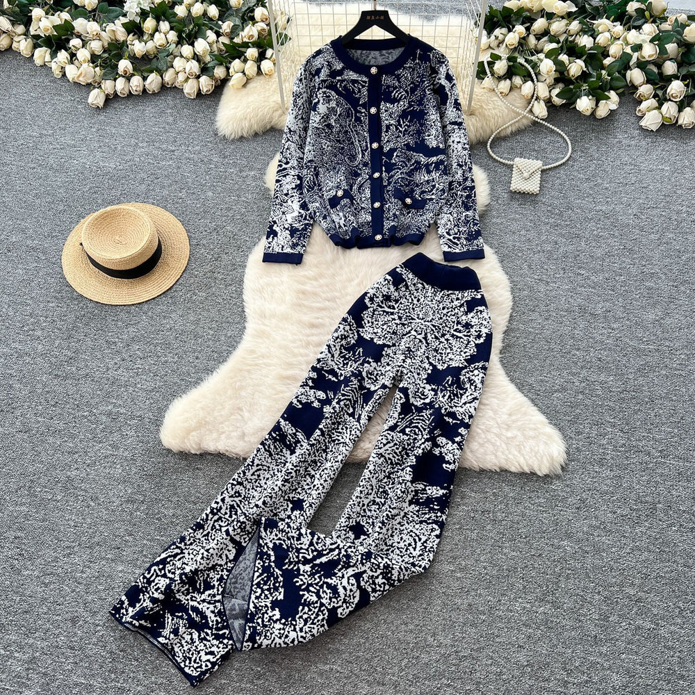 Fashionfashionableprintingsuit women's autumclassy round neck long sleevesknittingcardiganoutwearhigh waistloose pants
