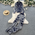 Fashionfashionableprintingsuit women's autumclassy round neck long sleevesknittingcardiganoutwearhigh waistloose pants