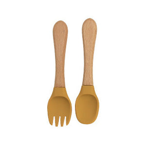 Factory direct sales silicone wooden handle complementary food fork and spoon  baby spoon baby training eating fork and spoon set wholesale