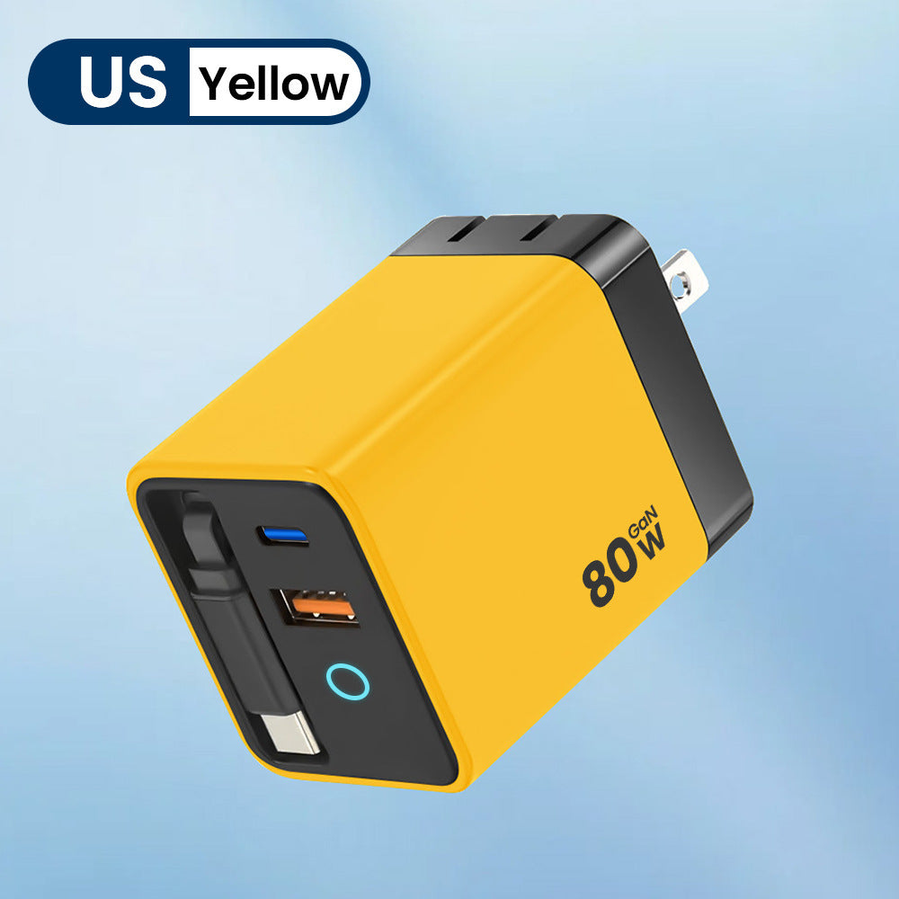 80w gan charger pd fast charging adapter compatible with apple, huawei, and xiaomi, featuring a foldable retractable cable with indicator light