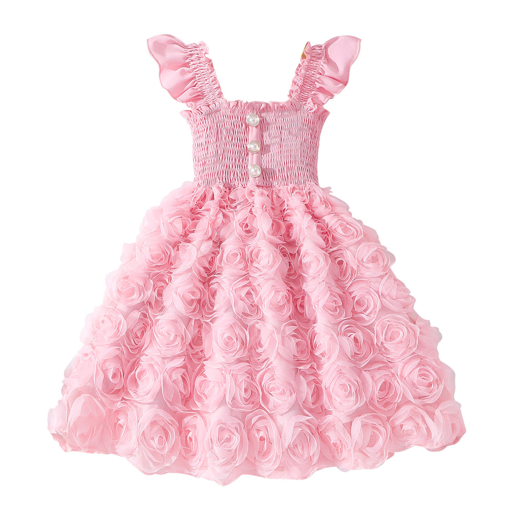 Girls' (toddler) dress, summer solid color flutter sleeve 3d rose ruched dress