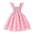 Girls' (toddler) dress, summer solid color flutter sleeve 3d rose ruched dress
