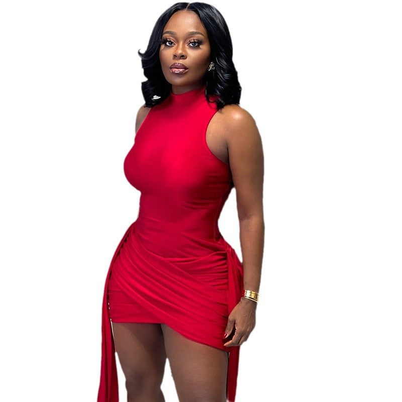 European and american style fashionable women's pleated patchwork tie-up bodycon mini dress - casual solid color stand collar short dress