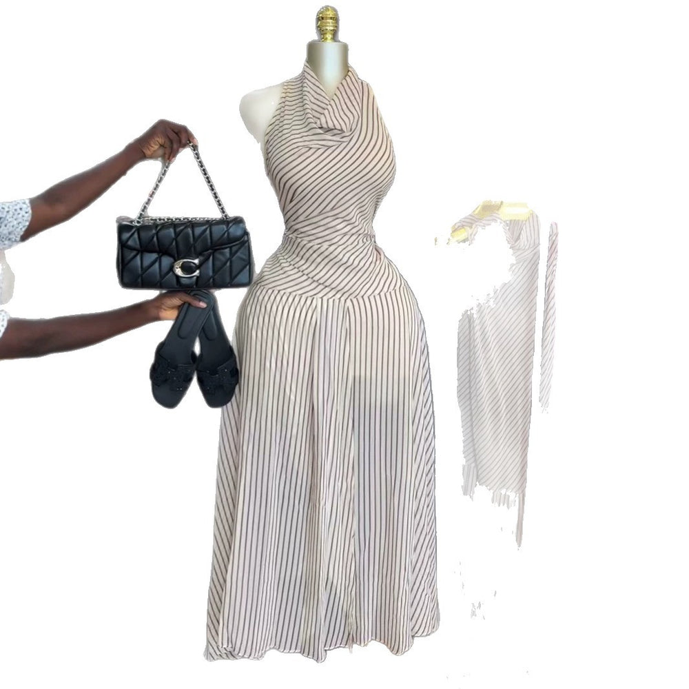 European and american cross-border women's fashion:  summer new arrival - elegant and chic scoop neck, slim-fit, sleeveless striped dress