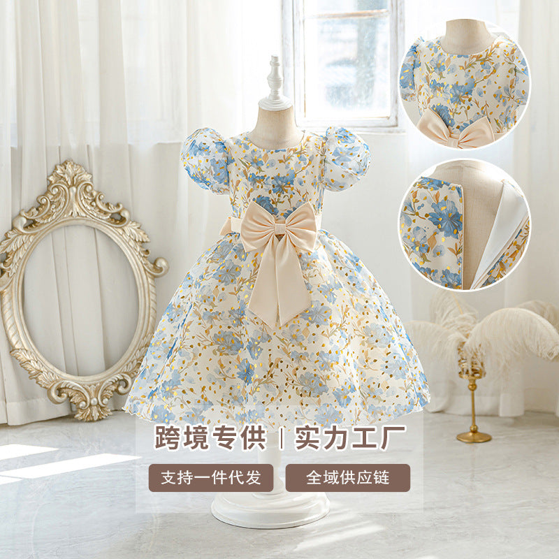 New arrival: girls' printed chiffon bowknot tutu dress - perfect for little misses! (cross-border e-commerce)