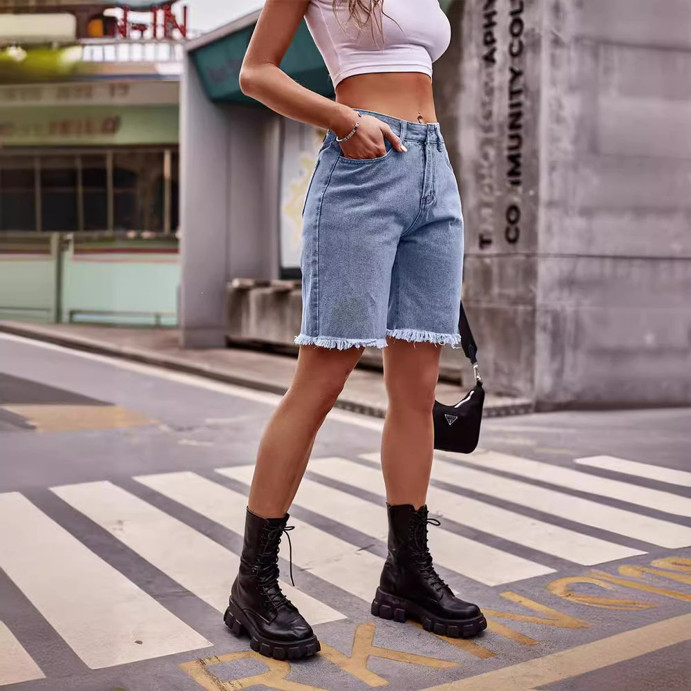 foreign trade european and american women's clothing  new arrivaleasiest for match raw edge straight-leg denim half length pants casualshorts