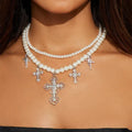 Double-layered imitation pearl necklace wholesale european and american cross-border accessible luxury high-end diamond-encrusted cross pendant clavicle chain