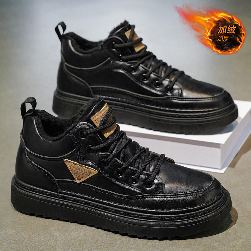 Men's winter fleece-lined warm martin boots, men's workwear leather shoes, trendy versatile cotton shoes, casual short boots, streetwear shoes