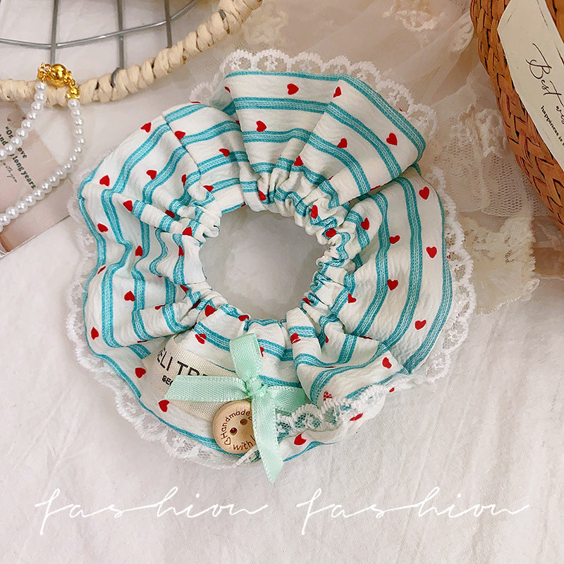 Blue striped lace heart-shaped scrunchie hair tie - korean style hair bun maker - elastic hair band