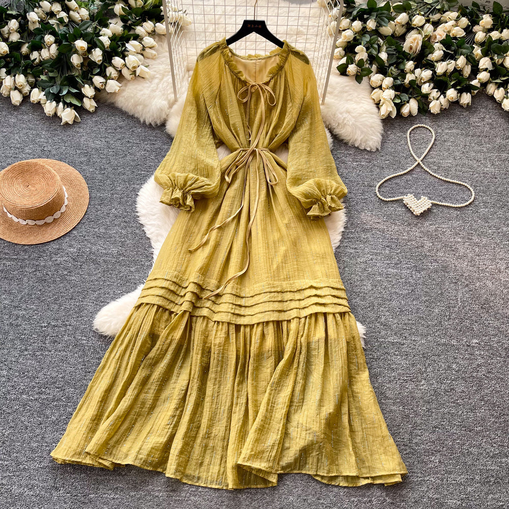 French sweet style lantern sleeve dress - women's spring korean style tie-waist slimming a-line elegant long dress - pink