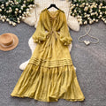 French sweet style lantern sleeve dress - women's spring korean style tie-waist slimming a-line elegant long dress - pink