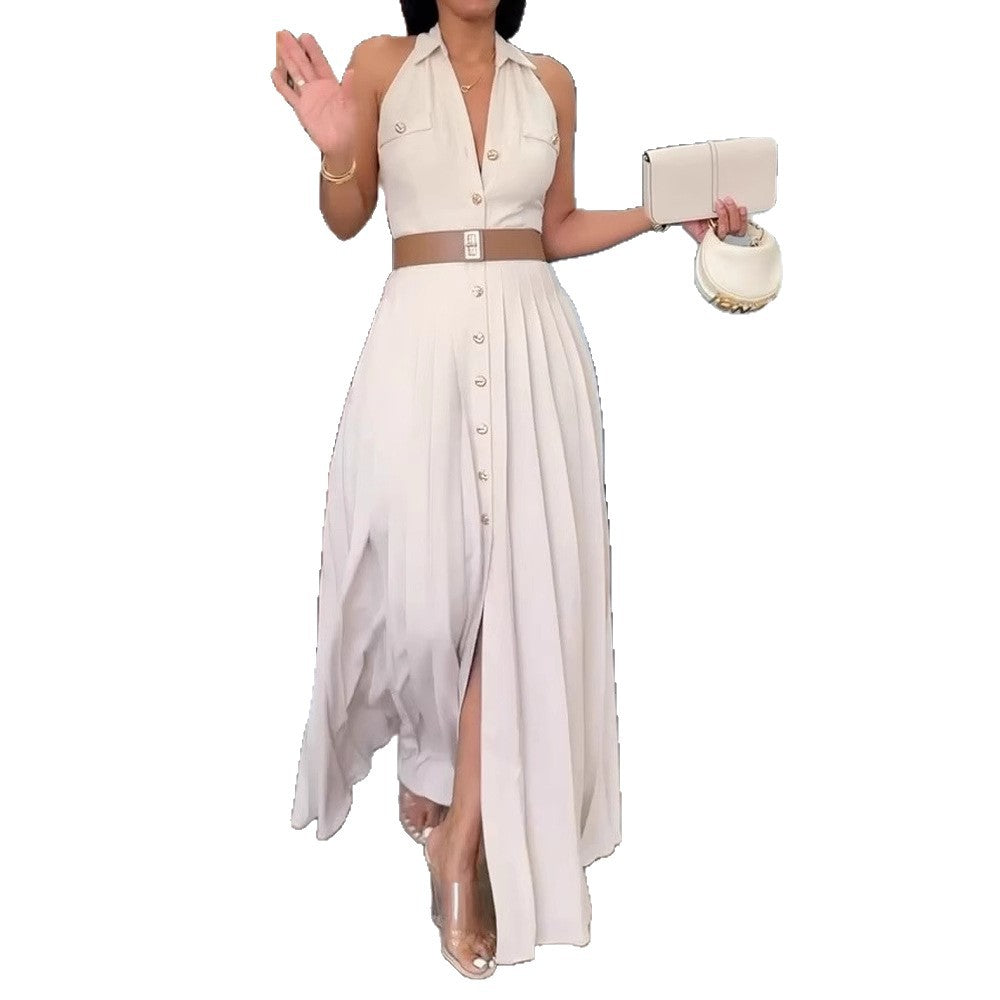 european and american export women's artistic sleeveless single-breasted backless socialite fashion dress