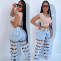 European and american style distressed jeans - new women's streetwear fashion hollow-out high-waisted straight-leg jeans for  cross-border e-commerce