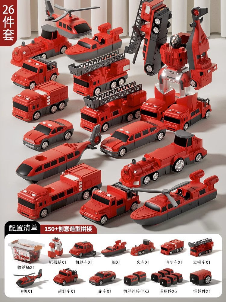Kids' toy car set - construction vehicle transformation puzzle - fire truck included - perfect birthday gift for 3-4 year old boys