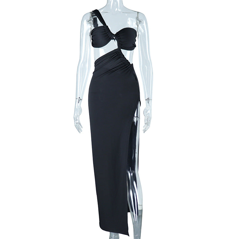 Fashion style oblique shoulder dresspure color pulloversexybackless evening dress long socialite style slit skirt export