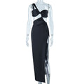 Fashion style oblique shoulder dresspure color pulloversexybackless evening dress long socialite style slit skirt export