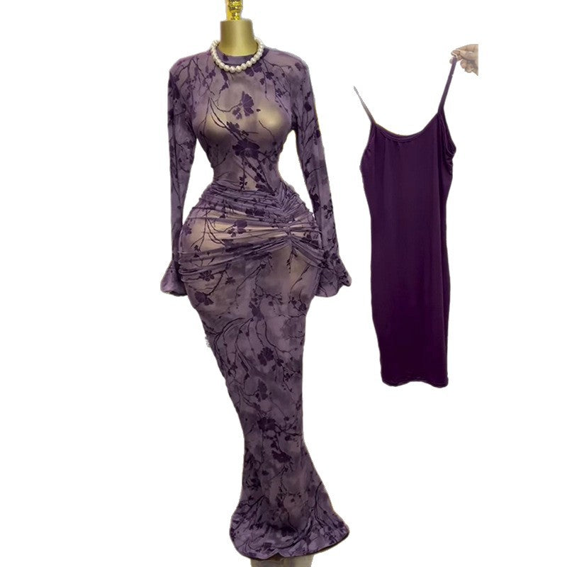 European and american cross-border women's fashion:  autumn new sexy purple print see-through bodycon dress with camisole two-piece set
