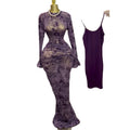 European and american cross-border women's fashion:  autumn new sexy purple print see-through bodycon dress with camisole two-piece set