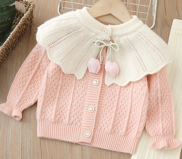 Girls' knitted sweater two-piece set -  autumn/winter new collection - handmade floral pants set for baby girls