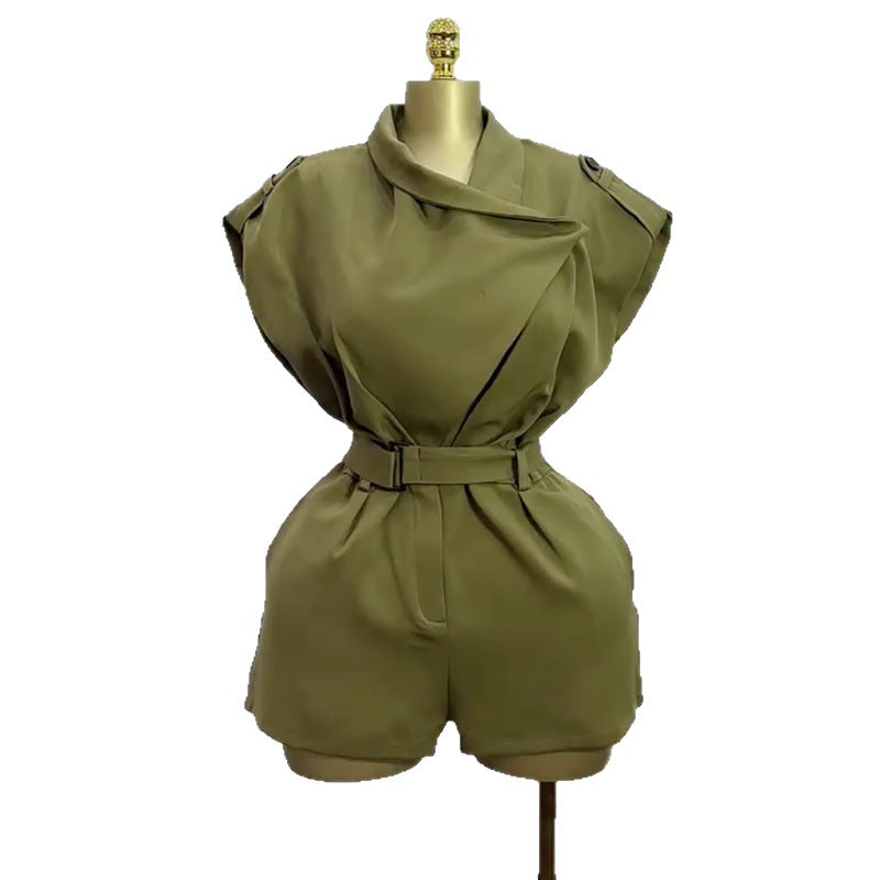 European and american cross-border women's fashion:  summer new arrival - elegant, designer, tie-waist, versatile solid color short jumpsuit