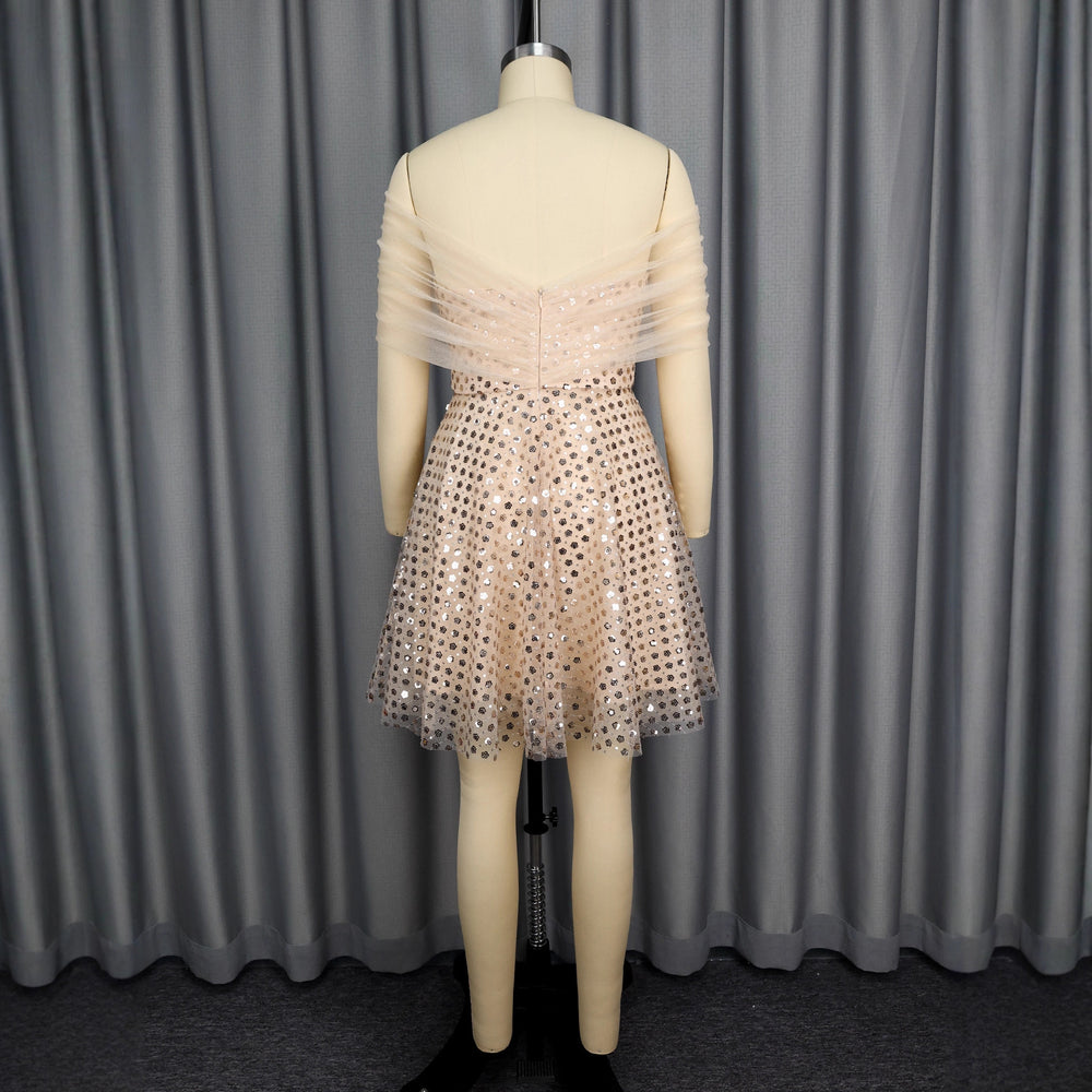 fashionsexytube top evening dress one-line collar off-the-shoulder mesh patchworksequin party dressdress