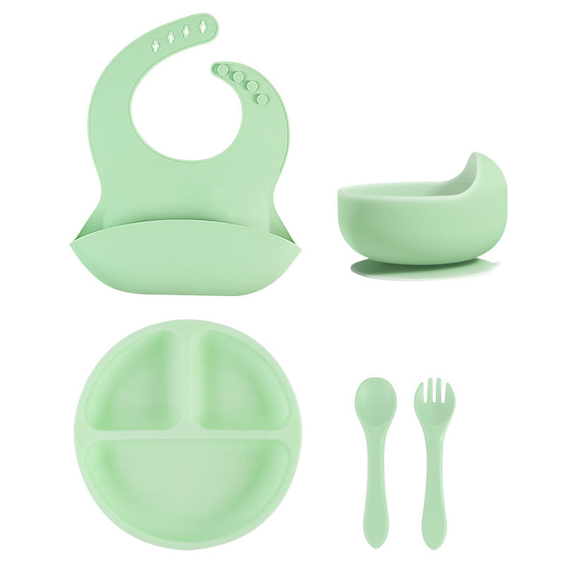 Customized silicone plate set, bib, fork and spoon, baby food supplement bowl 5-piece set, anti-drop suction cup, child feeding tableware