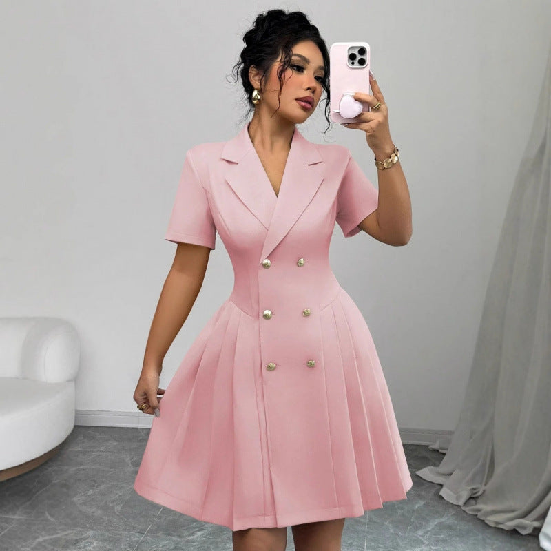 european and american/russian  autumn new arrival short-sleeve solid color cinched waist double-breasted dress