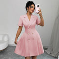 european and american/russian  autumn new arrival short-sleeve solid color cinched waist double-breasted dress