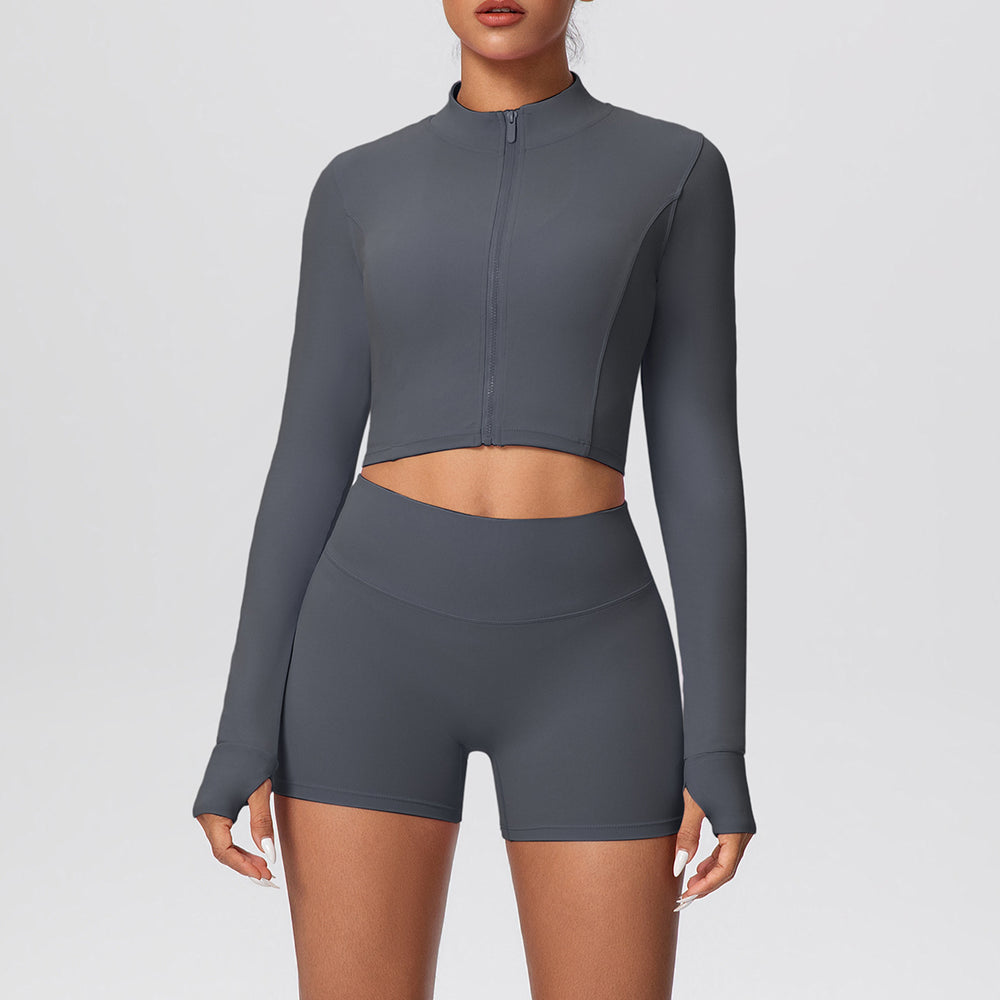 Ready-to-ship cross-border solid color double-sided brushed naked feel cropped jacket set - tight-fitting running, fitness, and yoga two-piece outfit
