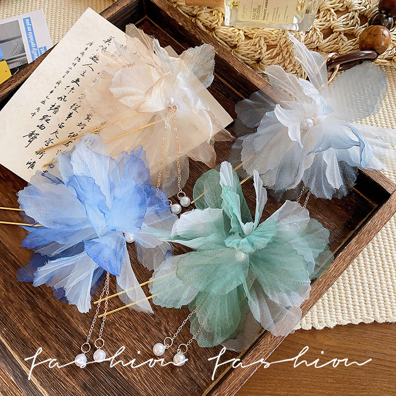 Dead leaf butterfly hairpin retro chiffon flower pearl tassel u-shaped hairpin new chinoiserie hair accessories hair elegant headwear