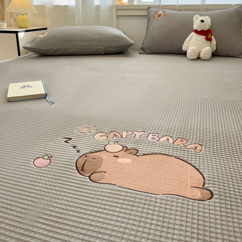 Summer Class A Waffle Cartoon Embroidered Mat Skin-friendly Sleeping Naked Ice Silk Mat Mattress Air Conditioning Soft Mat Cross-border
