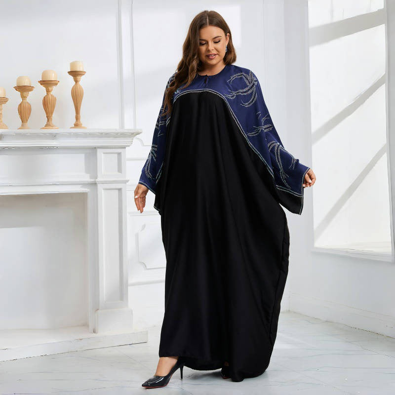 dropshipping african plus size color matching hot diamond bat sleeve loosedress with headscarf