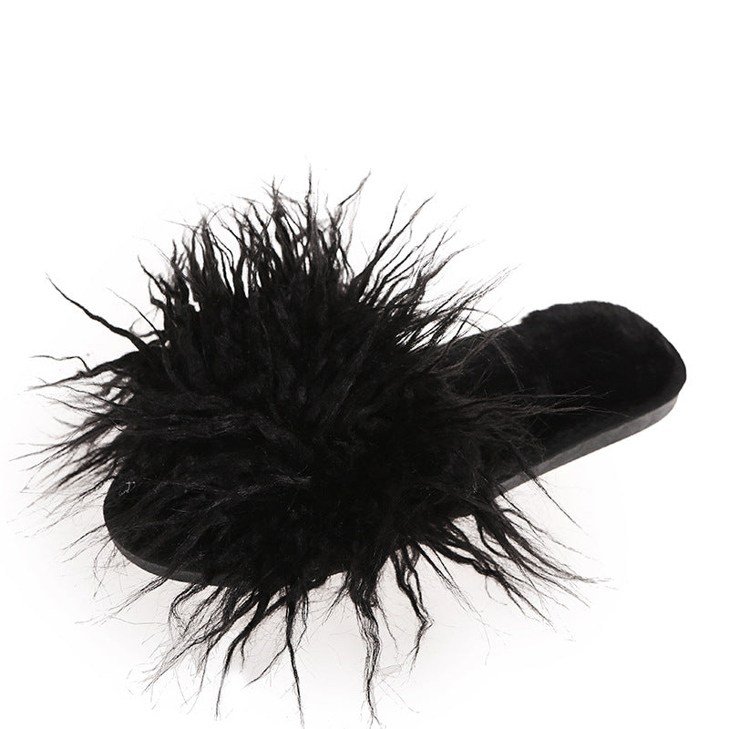 Slippers long hair fall and winter women open toe k-stylefashionbows fur one-line drag artificial fur wooden floor artificial fur