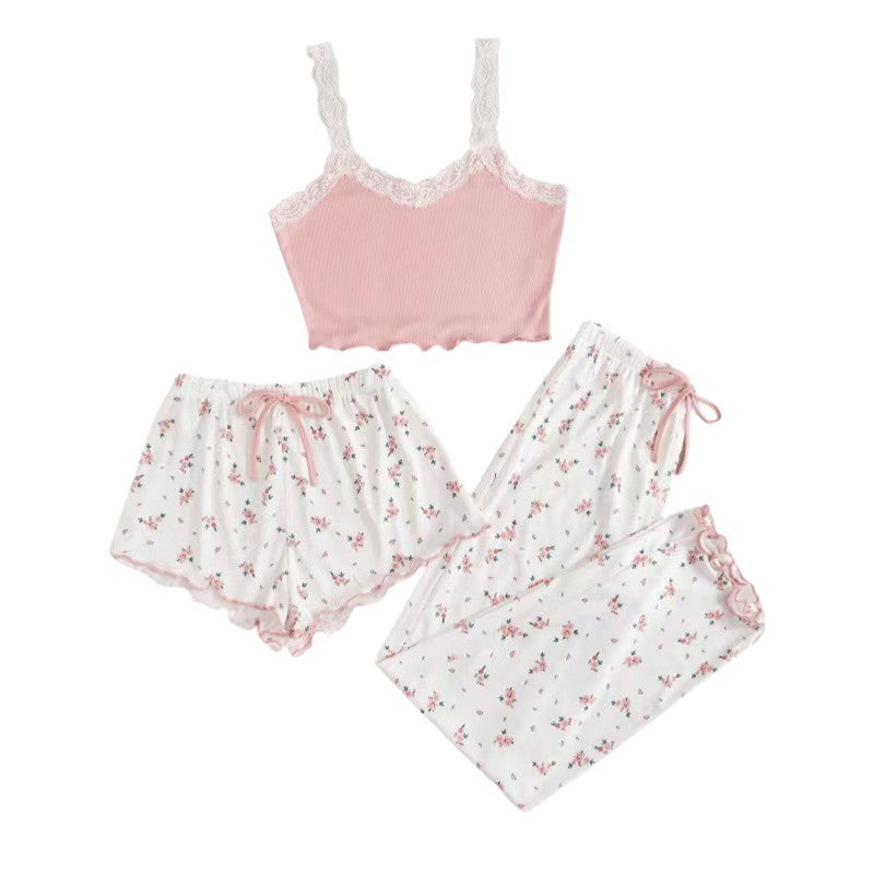 Sexy floral pajamas women's summer lace suspenders three-piece set short trousers girl suit cute women's loungewear