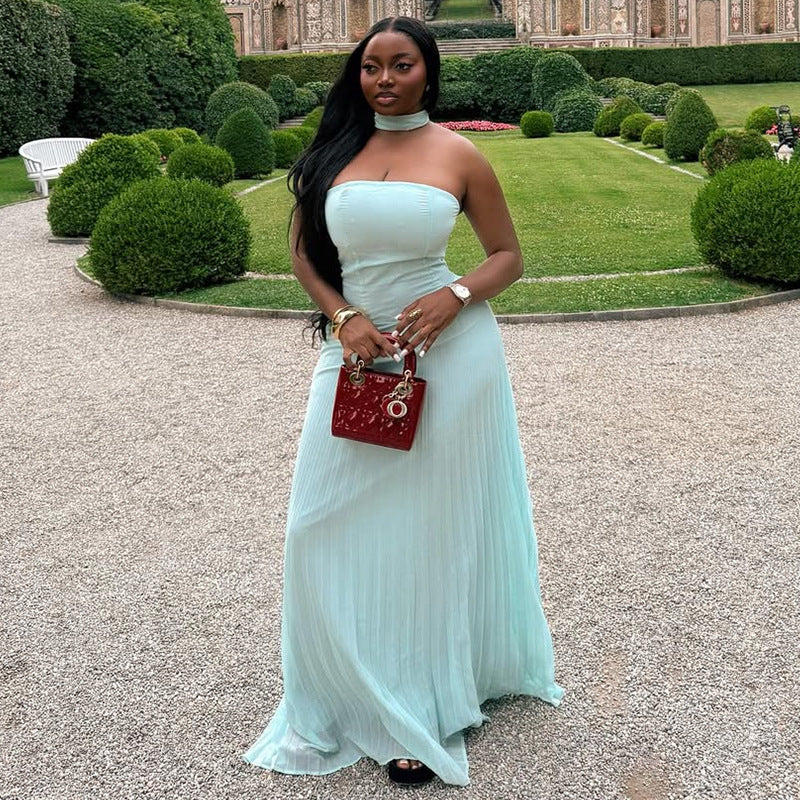 European and american cross-border women's fashion  summer new arrival: elegant halter neck tube top green evening gown long dress