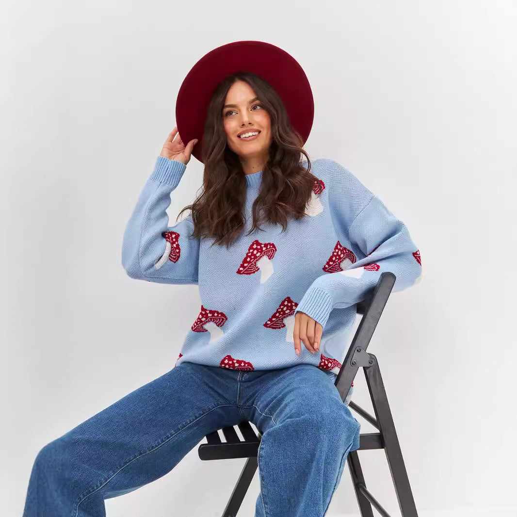 Cross-border European and American women's clothing casual ins mushroom long-sleeved crew neck sweater autumn and winter fashion loose pullover knitted sweater women