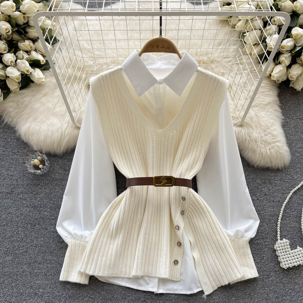 Autumn new arrival: chic & mature style - loose fit lapel patchwork white shirt + v-neck asymmetrical knit vest two-piece set