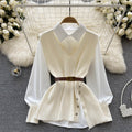 Autumn new arrival: chic & mature style - loose fit lapel patchwork white shirt + v-neck asymmetrical knit vest two-piece set