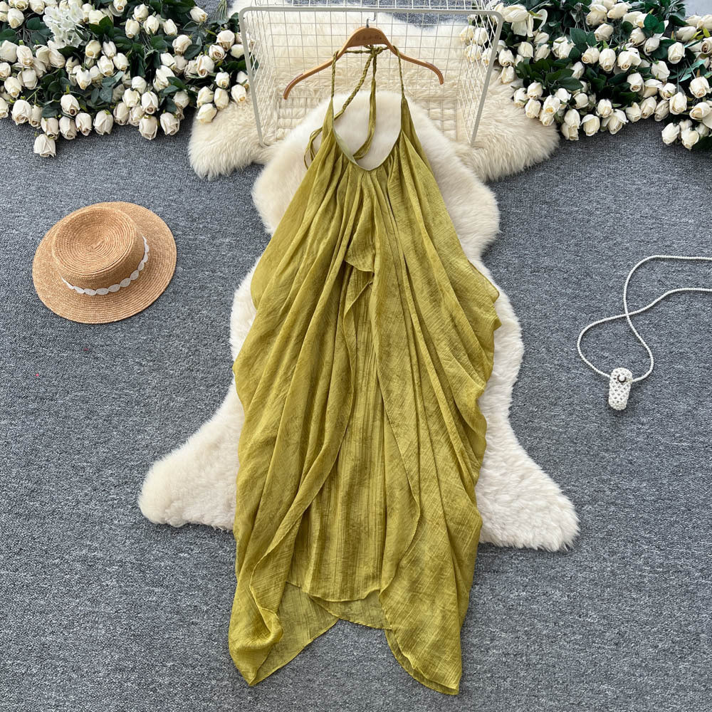 French holiday style halter backless suspender dress women's pure desire classy sense of asymmetrical atmosphere elegant long skirt