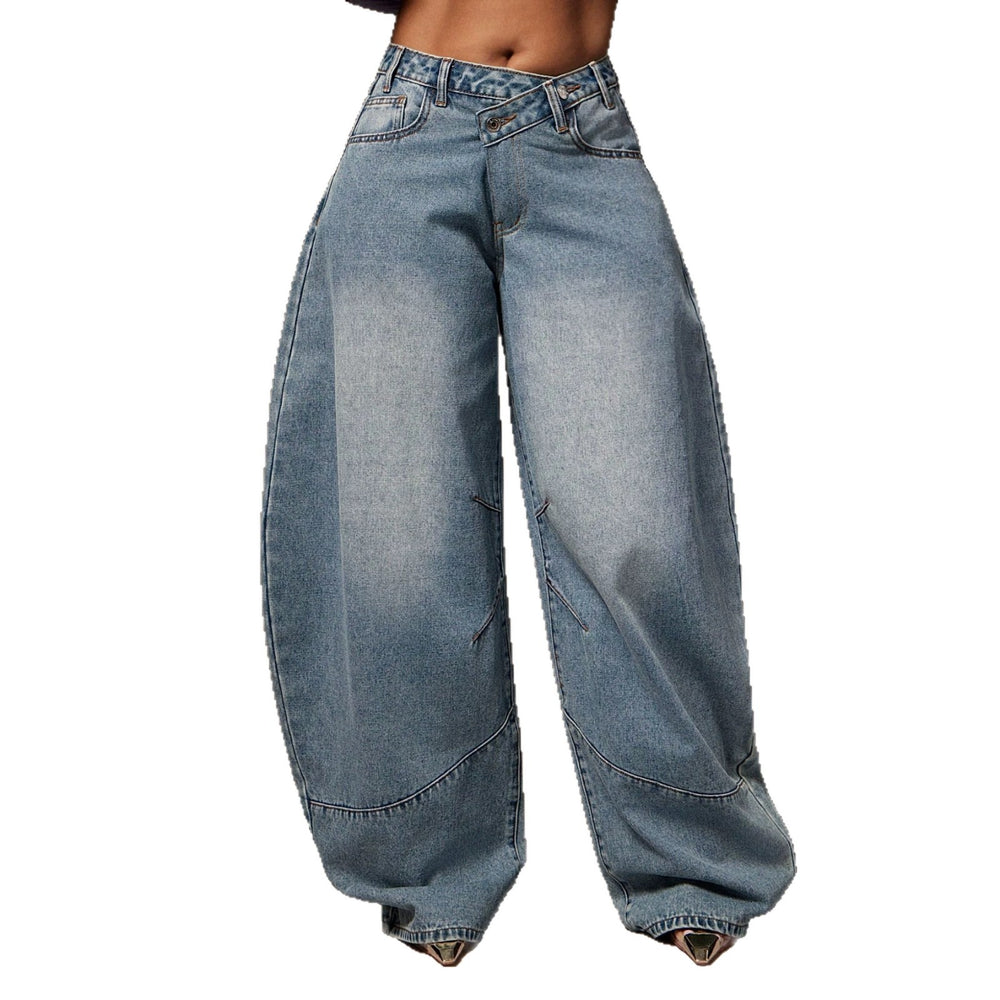 Fashionjeans women's high waist large arc wide leg mop pants distressed split stitching niche style denim pants