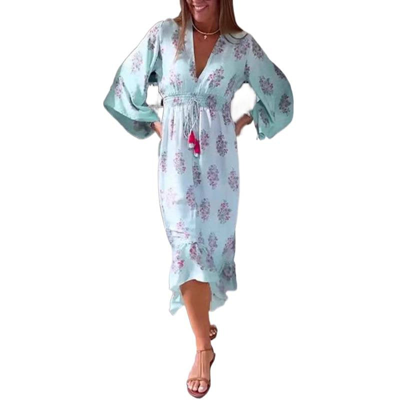 new european and american style women's casual printed v-neck long sleeve dress for cross-border e-commerce
