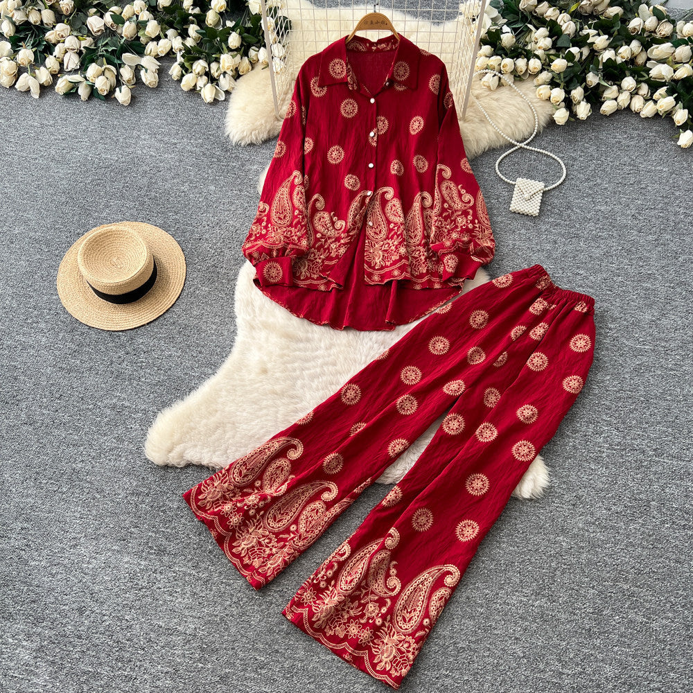 Retro ethnic style printingeleganttwo-piece set female autum puff sleeve polo collar silmloose pants royal sister suit