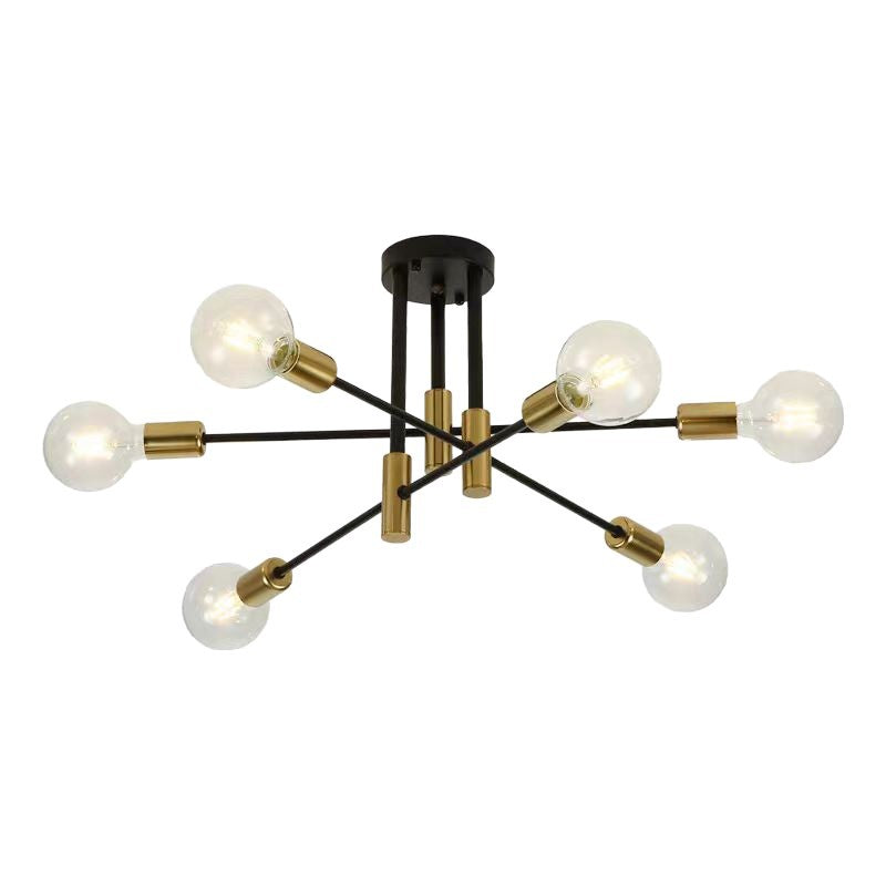 Nordic black gold 8-light linear ceiling light, modern minimalist iron art living room bedroom creative cross branch pendant lamp