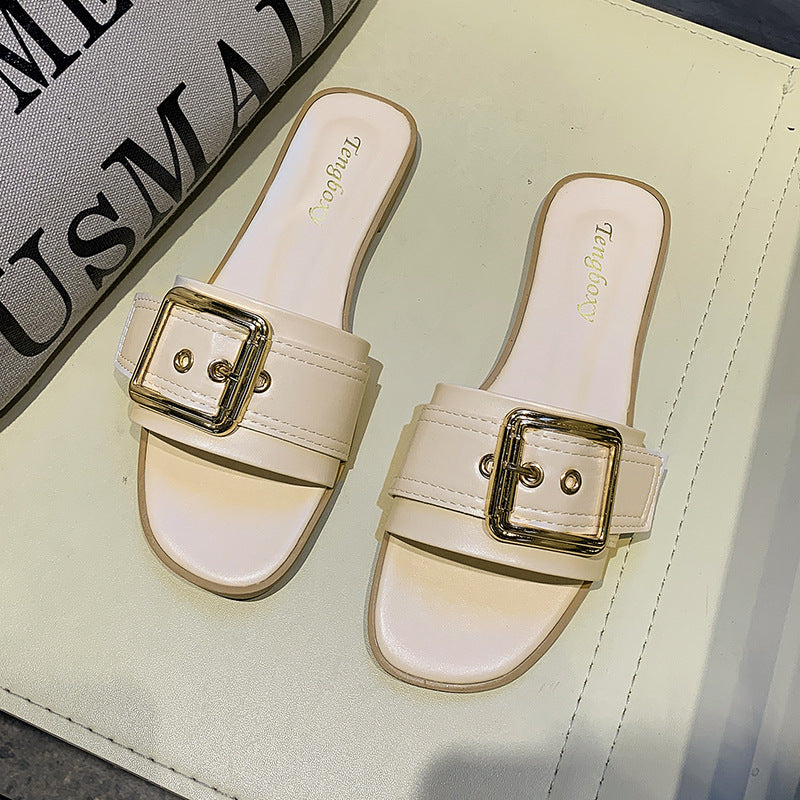 2021 slippers women's summer good buckle one-word drag women's flat sandals fashion casual wear student sandals tide