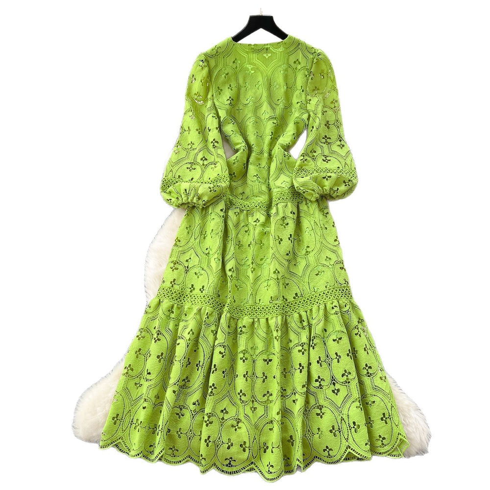 High-end fashion dress women's  spring new french style cinched waist slimming hollow-out crochet lace ruffle hem maxi dress