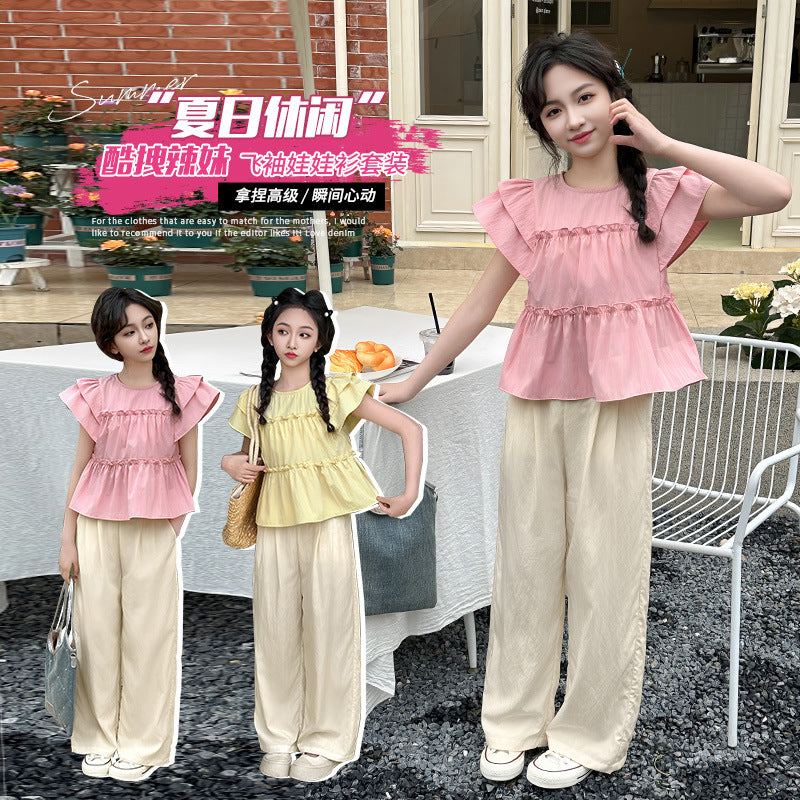 Girls' flutter sleeve outfit -  summer new fashion, stylish two-piece set for little girls, wide-leg pants for toddlers and young children