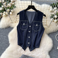 Summer outfit set for women: chic, retro sleeveless v-neck denim vest with high-waisted, flowy midi skirt - two-piece set