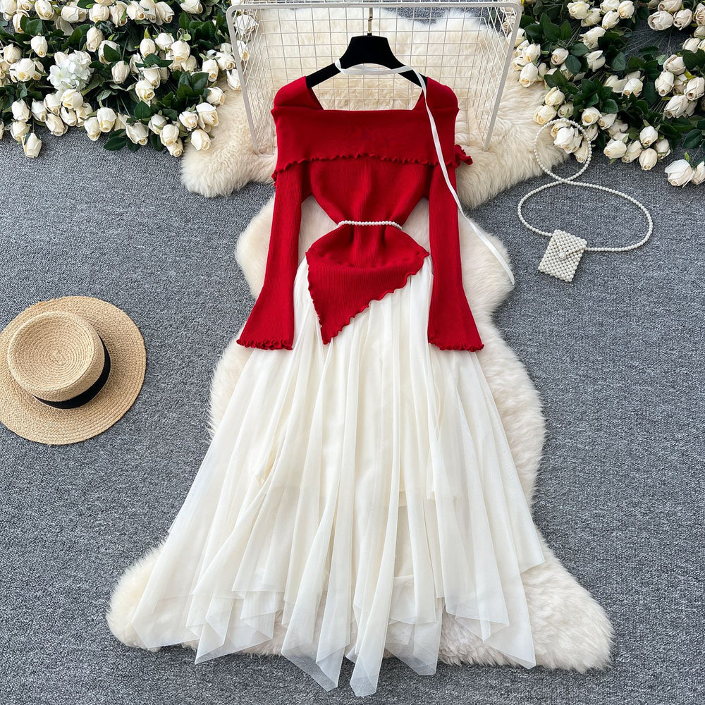 French chic floral collar long sleeve knit & mesh asymmetrical fairy dress - trendy & fluffy